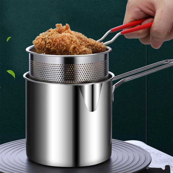 Stainless Steel Deep Fryer Pot With Strainer – Heavy-duty Frying Pan For Kitchen Use – 1200ml Oil Capacity